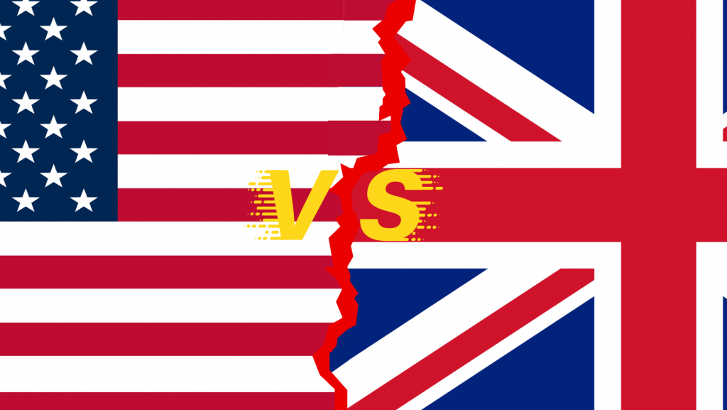 sobreposição das bandeiras dos estados unidos e do reino unido simbolizando o inglês americano e o britânico