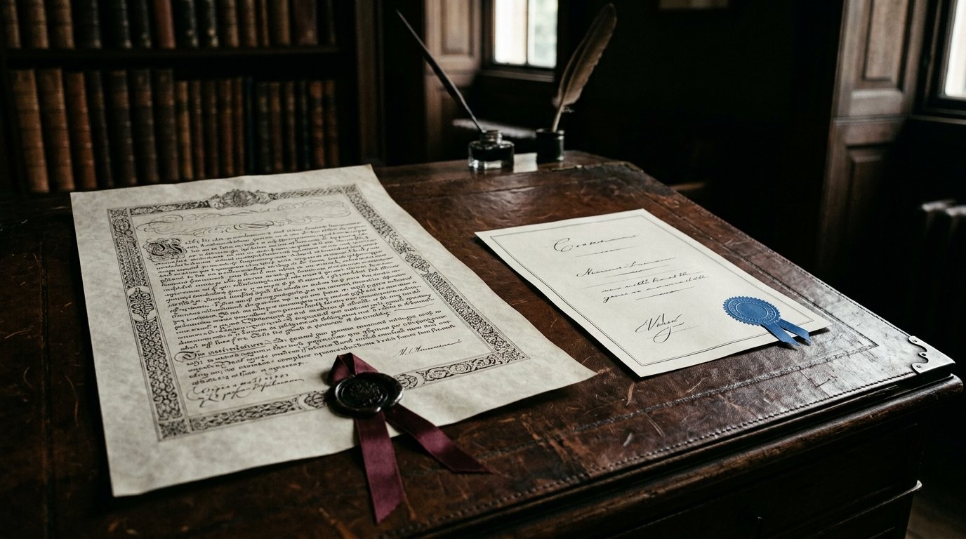 Dois documentos sobre escrivaninha antiga: um pergaminho manuscrito e uma certidão com selo azul
