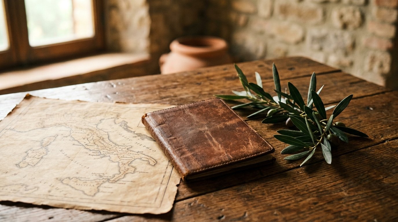 Mapa antigo da Itália sobre mesa de madeira, ao lado de caderno de couro e ramo de oliveira