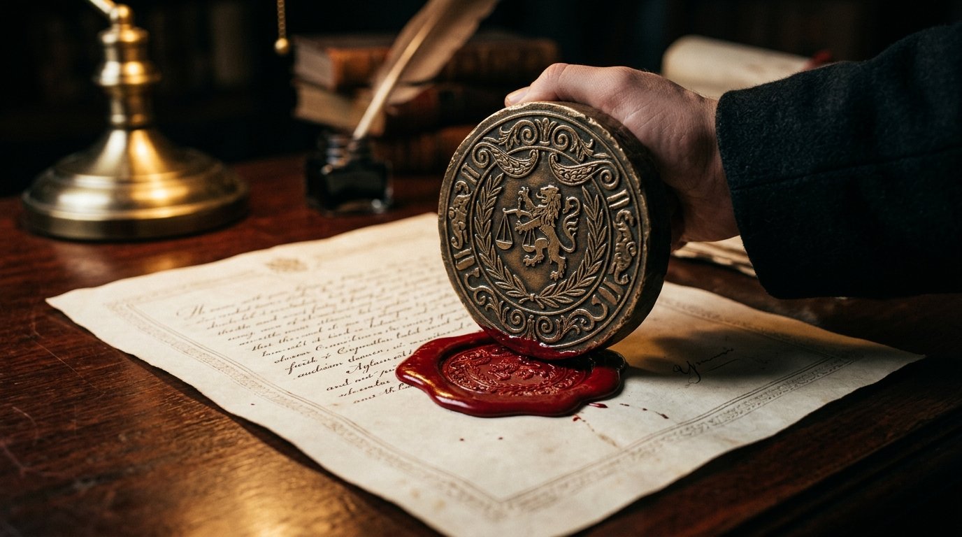 Selo de lacre sendo aplicado sobre documento manuscrito antigo, com pena e tinteiro ao fundo