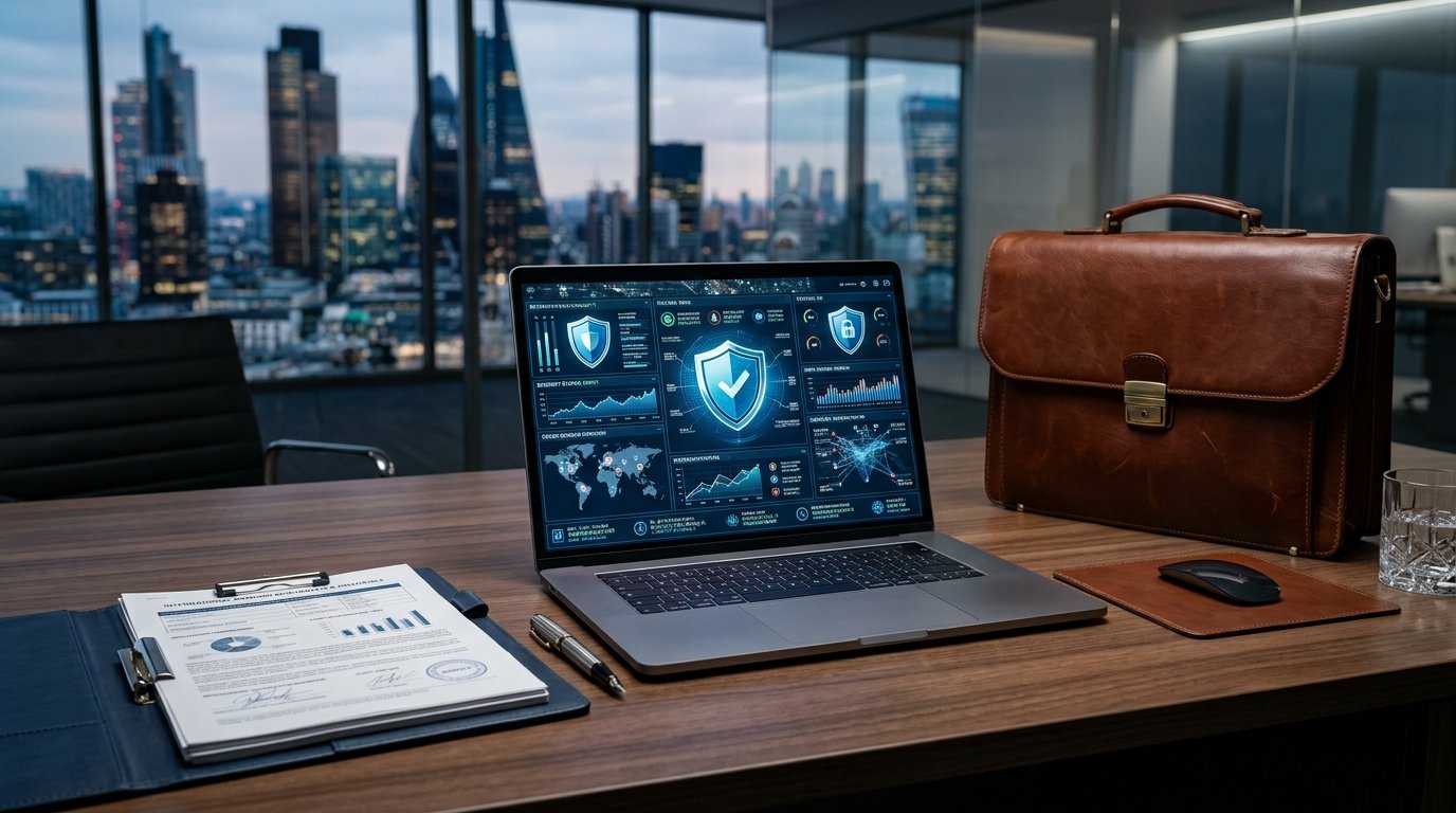 Abrir Empresa ou Conta no Exterior: Os Documentos Societários Que o Compliance Vai Pedir Notebook com painel de segurança e pasta executiva sobre mesa de escritório corporativo