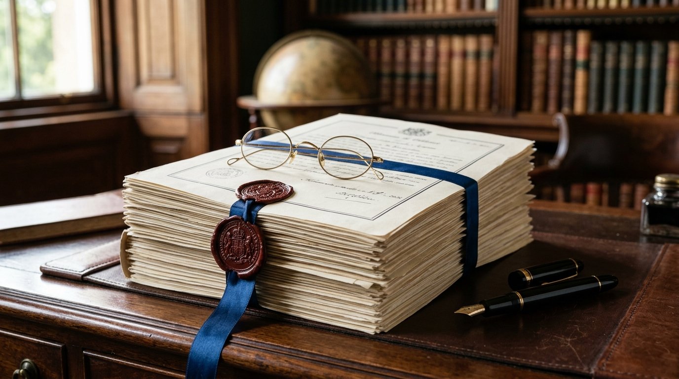 Quanto Custa uma Tradução Juramentada: O Que é Lauda e Por Que Não se Cobra por Página Pilha de documentos amarrados com fita azul e selo de lacre vermelho, sobre mesa de madeira