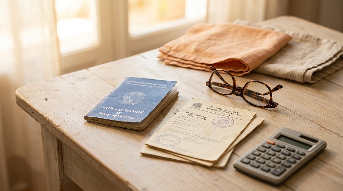 Trabalhou no Exterior? Como Somar o Tempo na Aposentadoria do INSS Carteira de trabalho brasileira ao lado de documentos previdenciários estrangeiros, calculadora e óculos sobre mesa clara