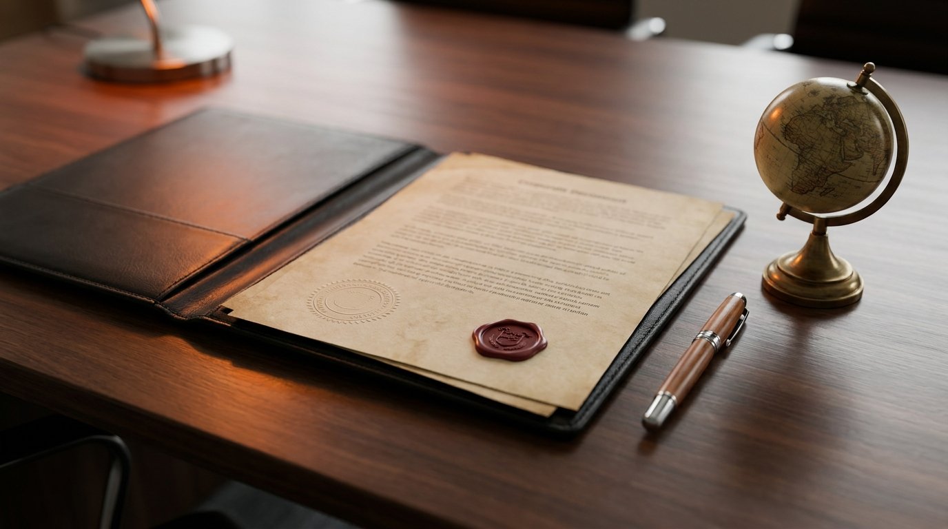Pasta executiva aberta com documentos societários em inglês, carimbo e caneta sobre mesa de escritório