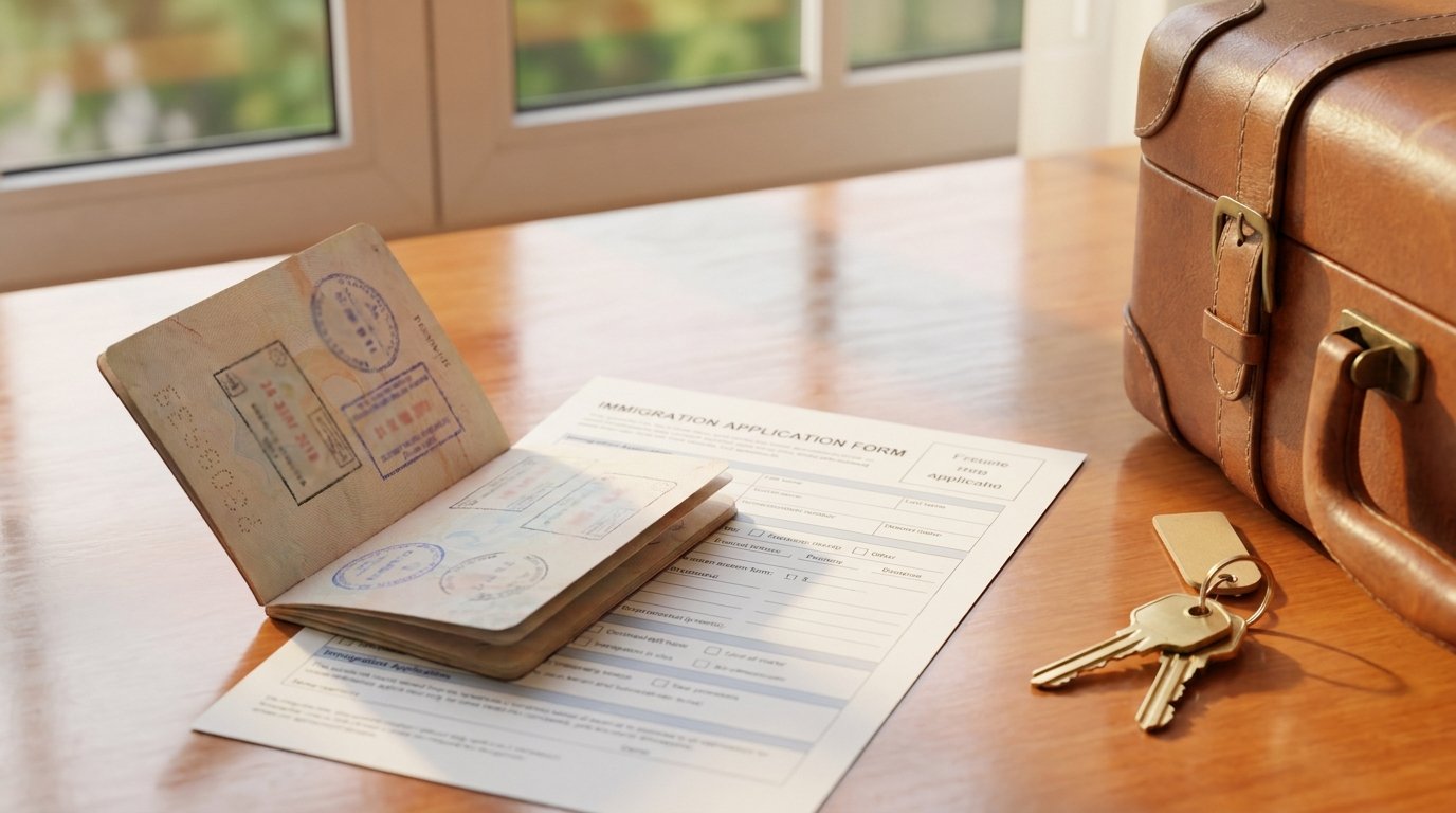 Passaporte estrangeiro aberto sobre formulário de imigração, com chaves de casa e uma pequena mala de viagem ao fundo