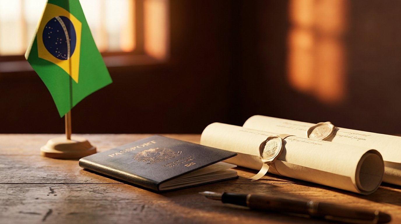 Passaporte estrangeiro e documentos com selos oficiais ao lado de uma pequena bandeira do Brasil sobre mesa de madeira