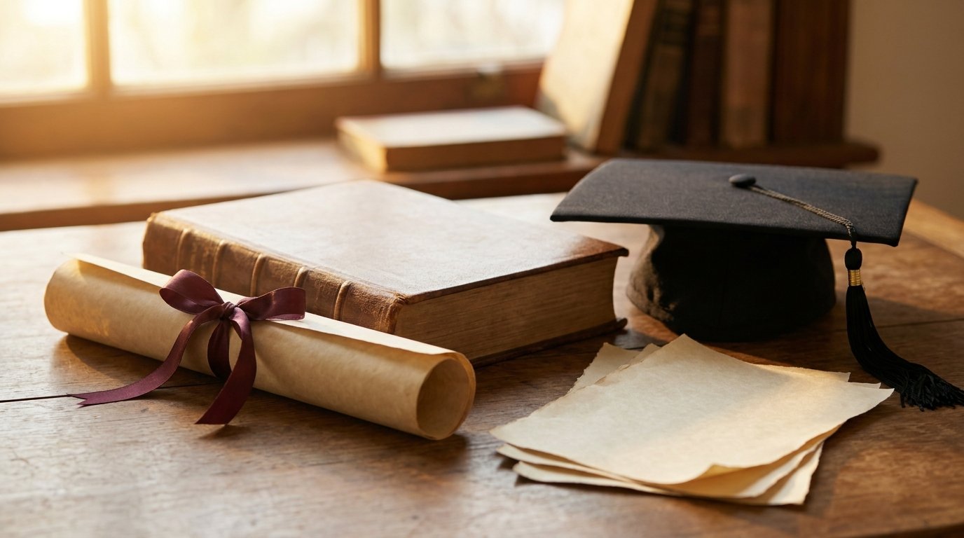Diploma universitário estrangeiro enrolado com fita ao lado de histórico escolar encadernado e um capelo sobre mesa de madeira