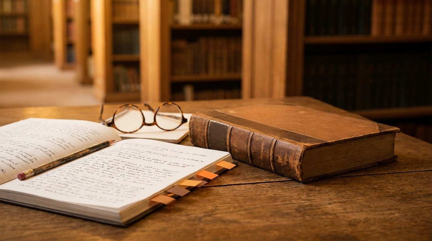 Tese encadernada em capa dura sobre mesa de biblioteca, com cadernos de anotações, marcadores coloridos e óculos