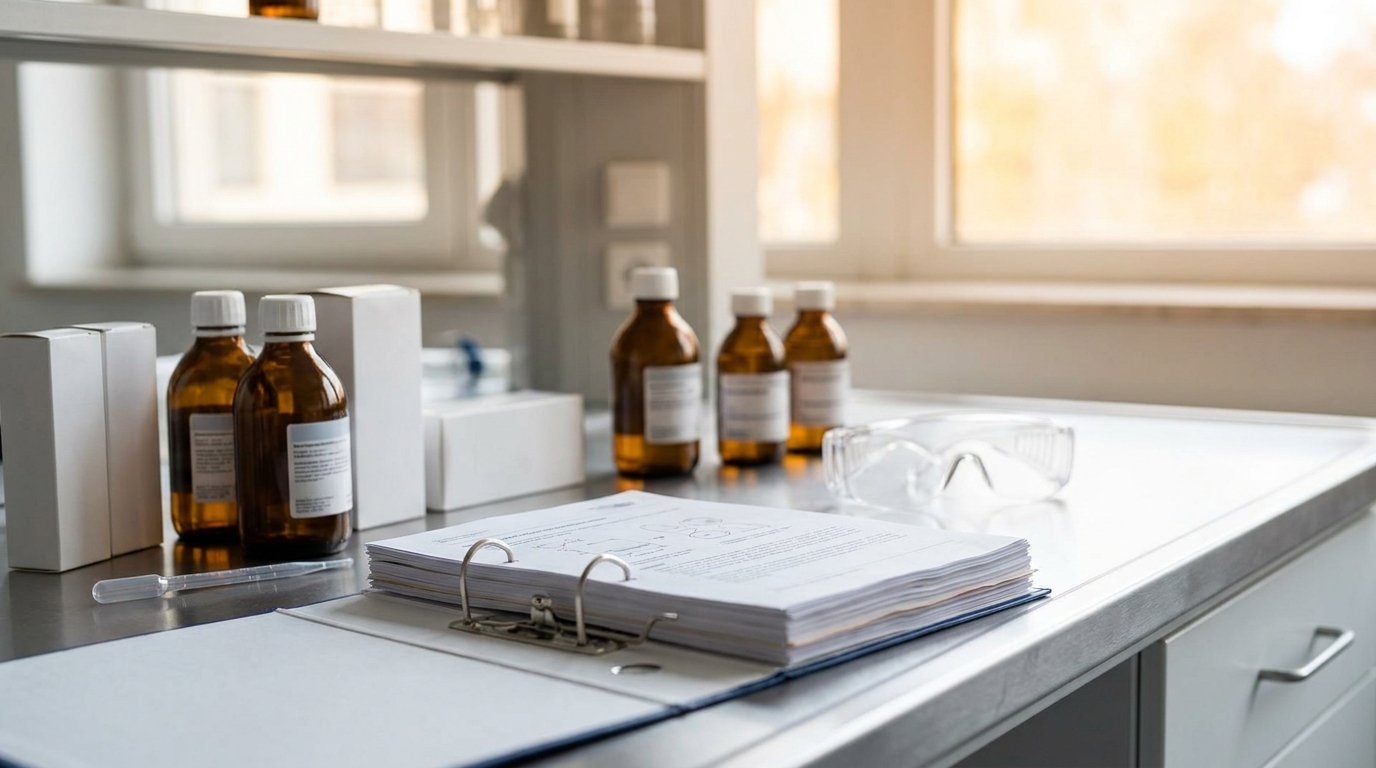 Registro na Anvisa: O Que Traduzir nos Documentos do Fabricante Estrangeiro Frascos farmacêuticos e caixas de medicamento ao lado de pasta com dossiê técnico e óculos de laboratório em bancada clara